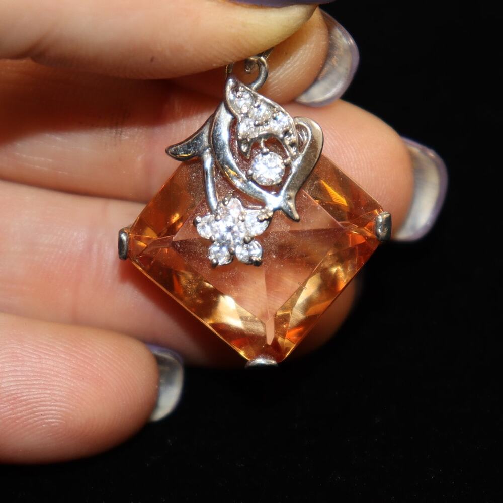 Peach Tourmaline Silver Pendant‎ Square Cut Floral Accent Vintage Style